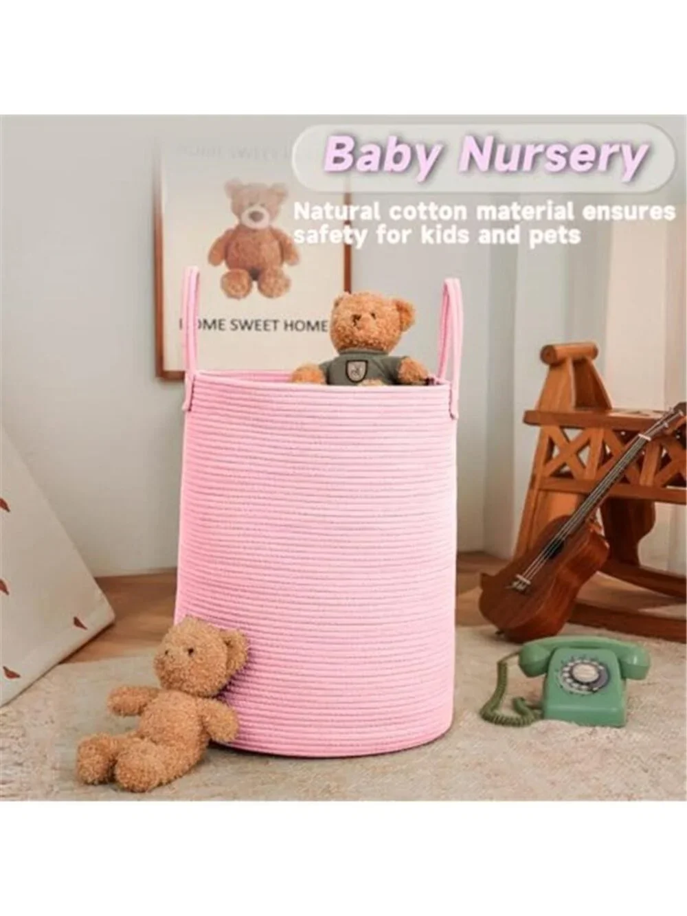 New 60L Cotton Rope Laundry Basket Hamper, Pink